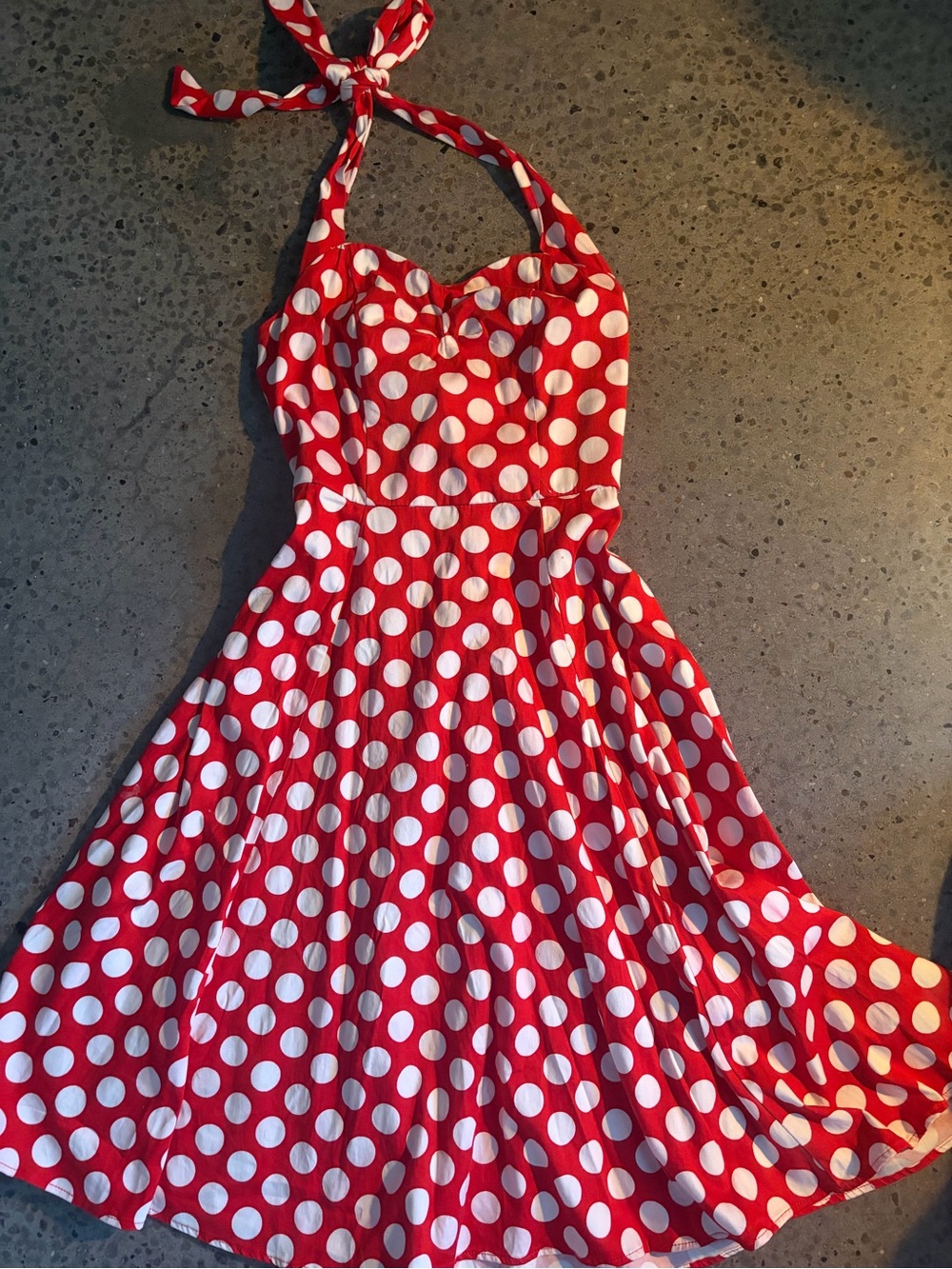 Red Polka Dot Halter Midi Dress with Tie Neck